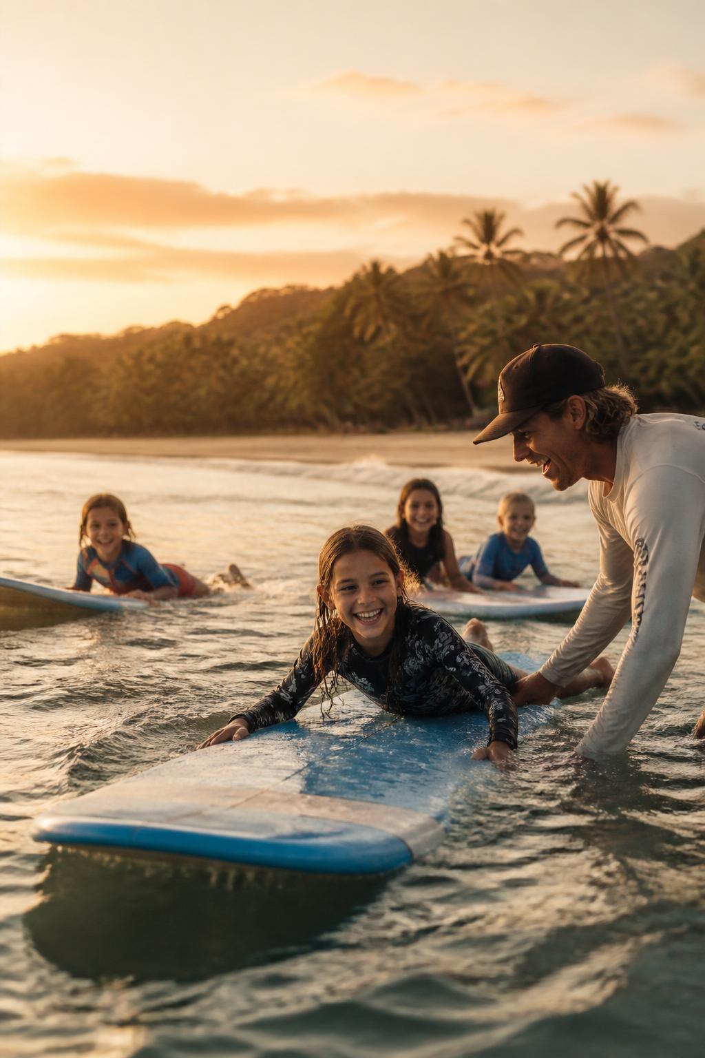 Kids learning to surf at sunset